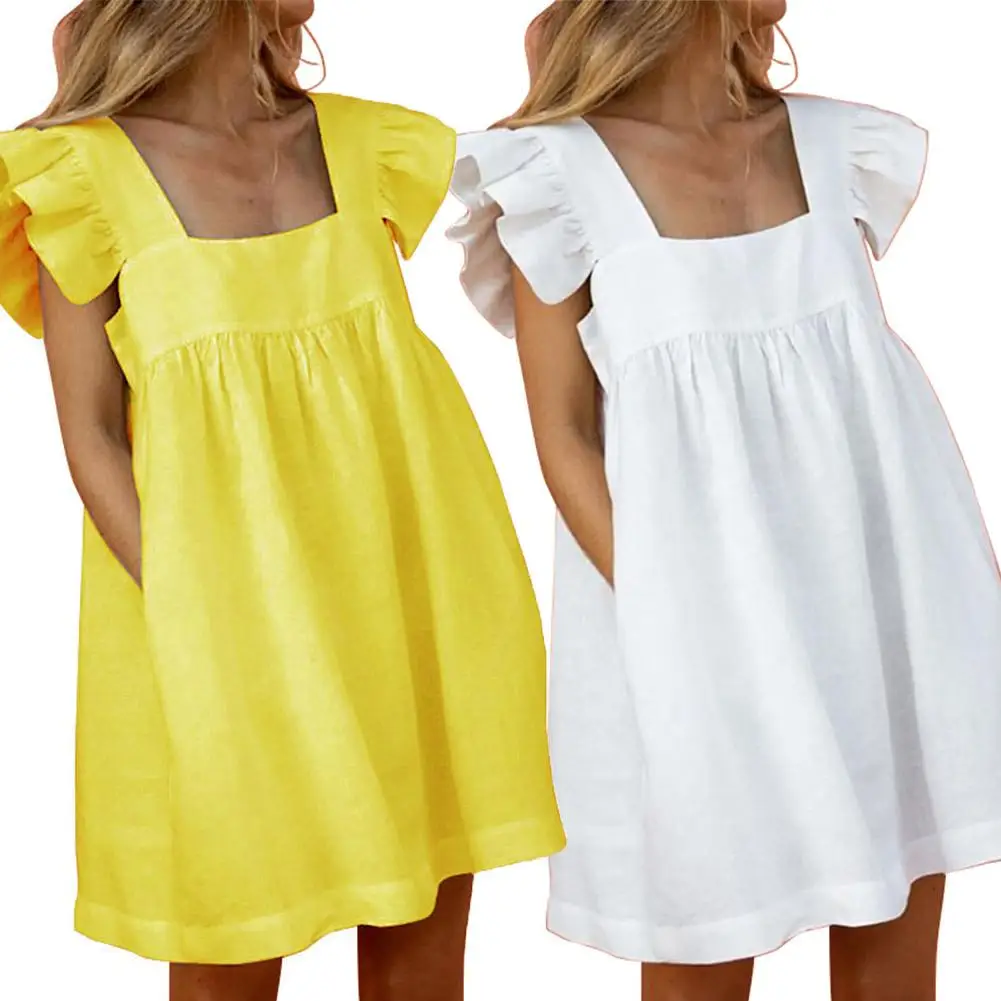 

Girls Casual Square Neck Sleeveless Ruffled Side Straps Pockets Loose Leisure Mini Dress