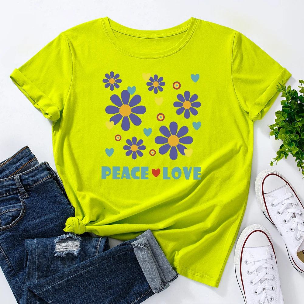 

Peace Love Flowers Heart Graphic T Shirts for Women Cotton Short Sleeve Tee Female Shirt Tops Summer Casual Print Clothes Gifts