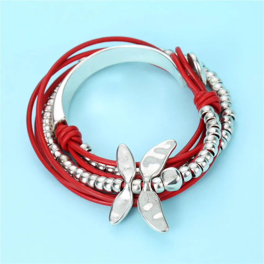 

Sandrine Antique Silver Color Beads Vintage Dragonfly Multi-layer Leather Bracelet Bangle For Girl Women Lady Birthday Gift