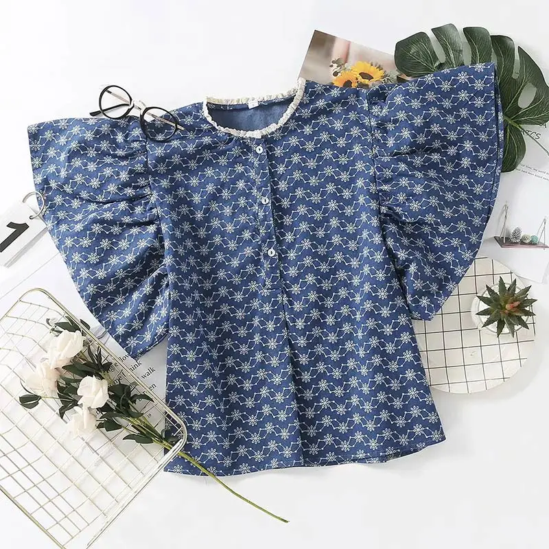 Женская блузка с оборками и короткими рукавами Повседневная Джинсовая круглым