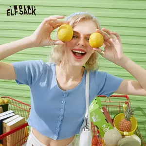 Женская трикотажная футболка ELFSACK, разноцветная однотонная шикарная Повседневная футболка на пуговицах с коротким рукавом в Корейском стиле, лето 2020
