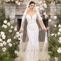 mermaid wedding dress 2021 lace bridal gown long sleeves scoop illusion back court train vestito da sposa custom made plus size