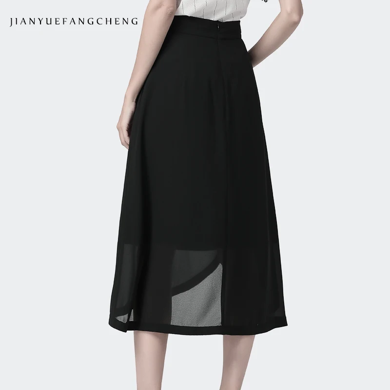 Женская Шифоновая Юбка-миди с воланом и карманами черная Повседневная