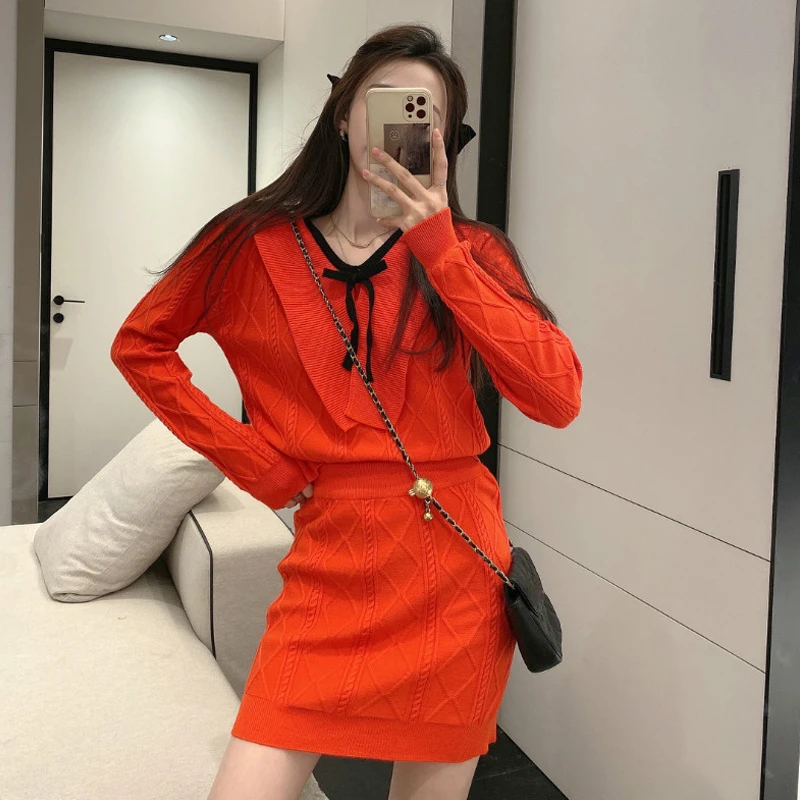 

Kimutomo Vintage Fashion Two Piece Outfits Women V-neck Bow Long Sleeve Short Sweater + High Waist Knitted Mini Skirt Elegant