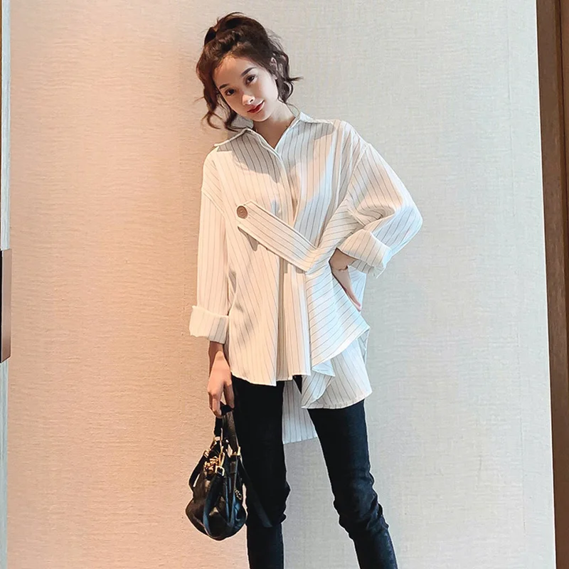 

White Stripped Shirts Preppy Ofiice Lady Tops Women Fashion Long Sleeve Spring Blouses Casual Vintage Button Shirts Stripped