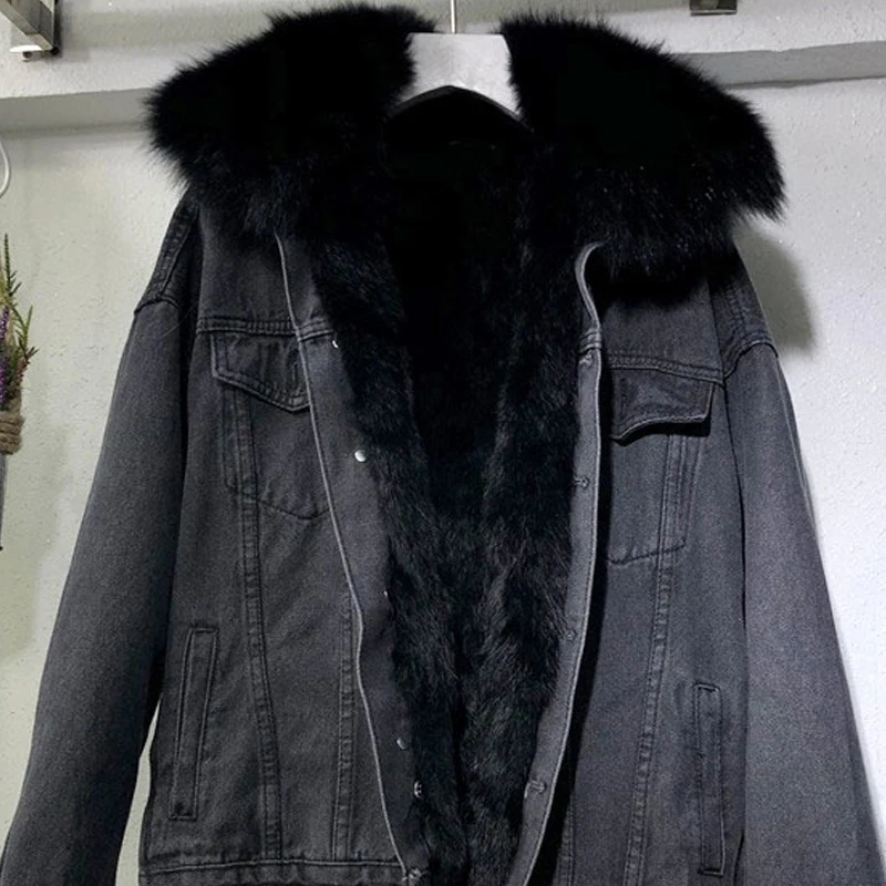 

SWYIVY Fox Fur Denim Jackets Women Winter Warm Fur Coats Outwear 2020 Fur Collar Blue Denim Coats For Women Short Jackets