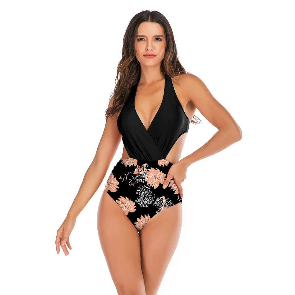 

Цельный купальник с цветочным принтом и лямкой на шее, сексуальный летний женский купальник с глубоким V-образным вырезом и открытой спиной,...