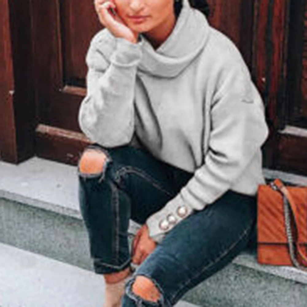 Laamei Turtleneck Sweaters Women Pullover Oversize Sweater Buttons Female Jumper Plus Green Blue Casual | Женская одежда