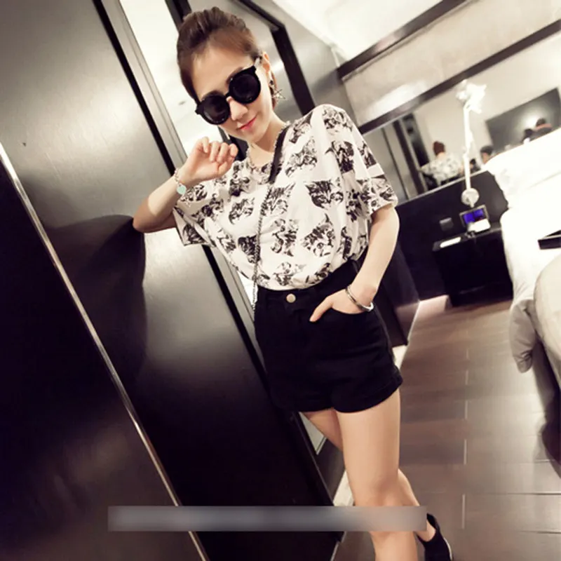 

Women Summer T Shirt Cartoon Cat Head Print TShirt O-Neck Short Sleeve Casual Loose Female Top Tees