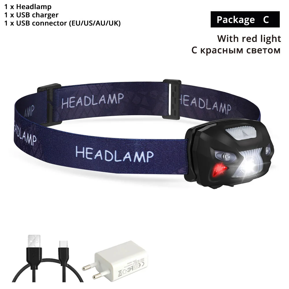 With red light-C 3000LM мини Перезаряжаемые светодиодные фары движения тела Сенсор светодиодные велосипедов Глава свет лампы Открытый фонарик с USB - Испускаемый цвет: With red light-C