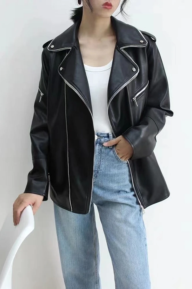 

Women Vintage Leather Coat 2020 New Spring Autumn Loose Turn Down Collar Loose Faux Leather Jacket Female Zipper Biker Moto Coat