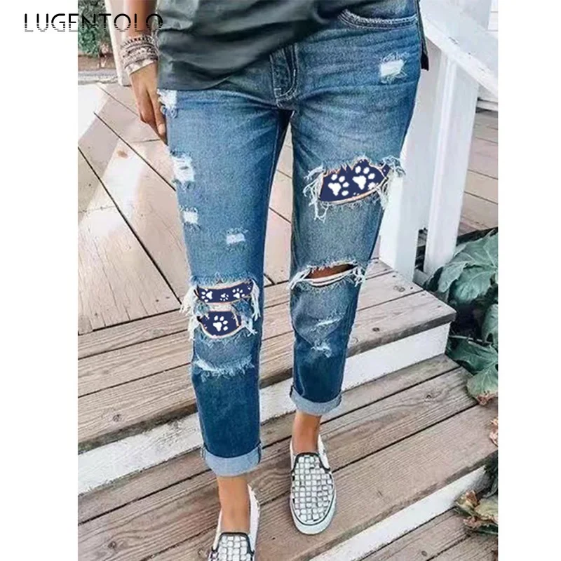 

Lugentolo Sexy Women Casual Jeans Hole Ripped Color Matching Slim Jeans Fashion Female Straight Street Long Jeans