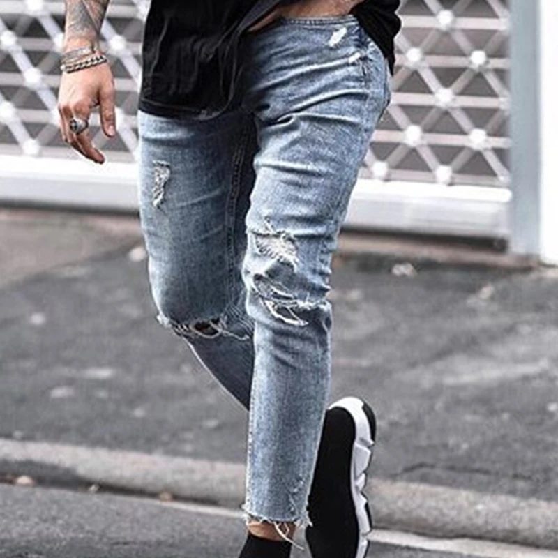 

New Streetwear Men's Jeans Hip Hop Destroyed Ripped Design Denim Pants Ankle Length Zipper Skinny Jean Male Trouses Clothing