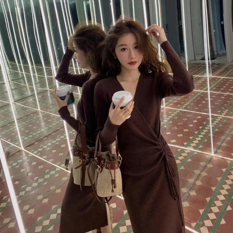 

Long Women's Knit Sweater Spring And Autumn Elegant Mid-Length Dress Sexy V-Neck Lining Base 2021 New Women's Clothing
