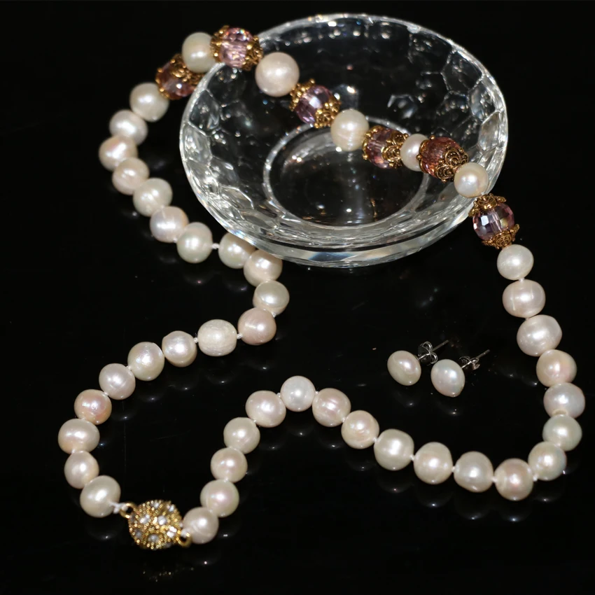 Bohemis style 8-9mm white natural cultured freshwater pearl beads necklace earrings high grade women jewelry set 18inch B3023 | Украшения и