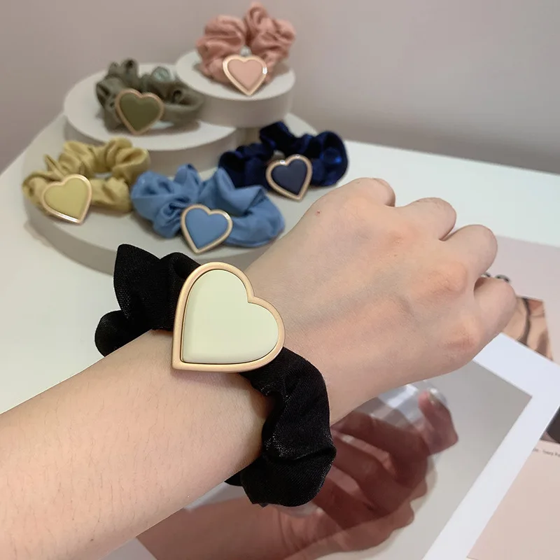 

1Pcs Polyester Heart Solid Color Elastic Hair Bands Rubber Hair Rope Tie Girls Hair Scrunchie Ponytail Holder Gum Accessories