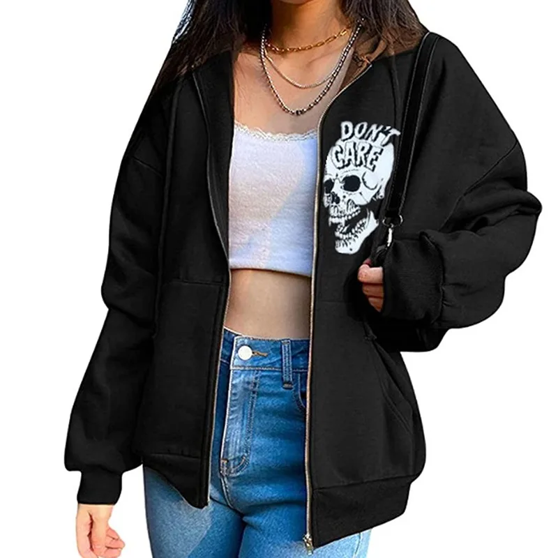 

Zip-up Y2K Loose Skull Print Anime Goth Grunge Hooded Jacket Solid Color Retro Shirt Harajuku Korean Style Girltop Women Hoodies