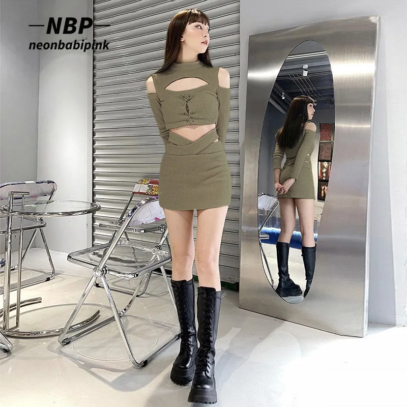 

Сексуальный однотонный вязаный комплект NEONBABIPINK с длинным рукавом, облегающее платье, Женский комплект из 2 предметов, юбка и топ, женская од...