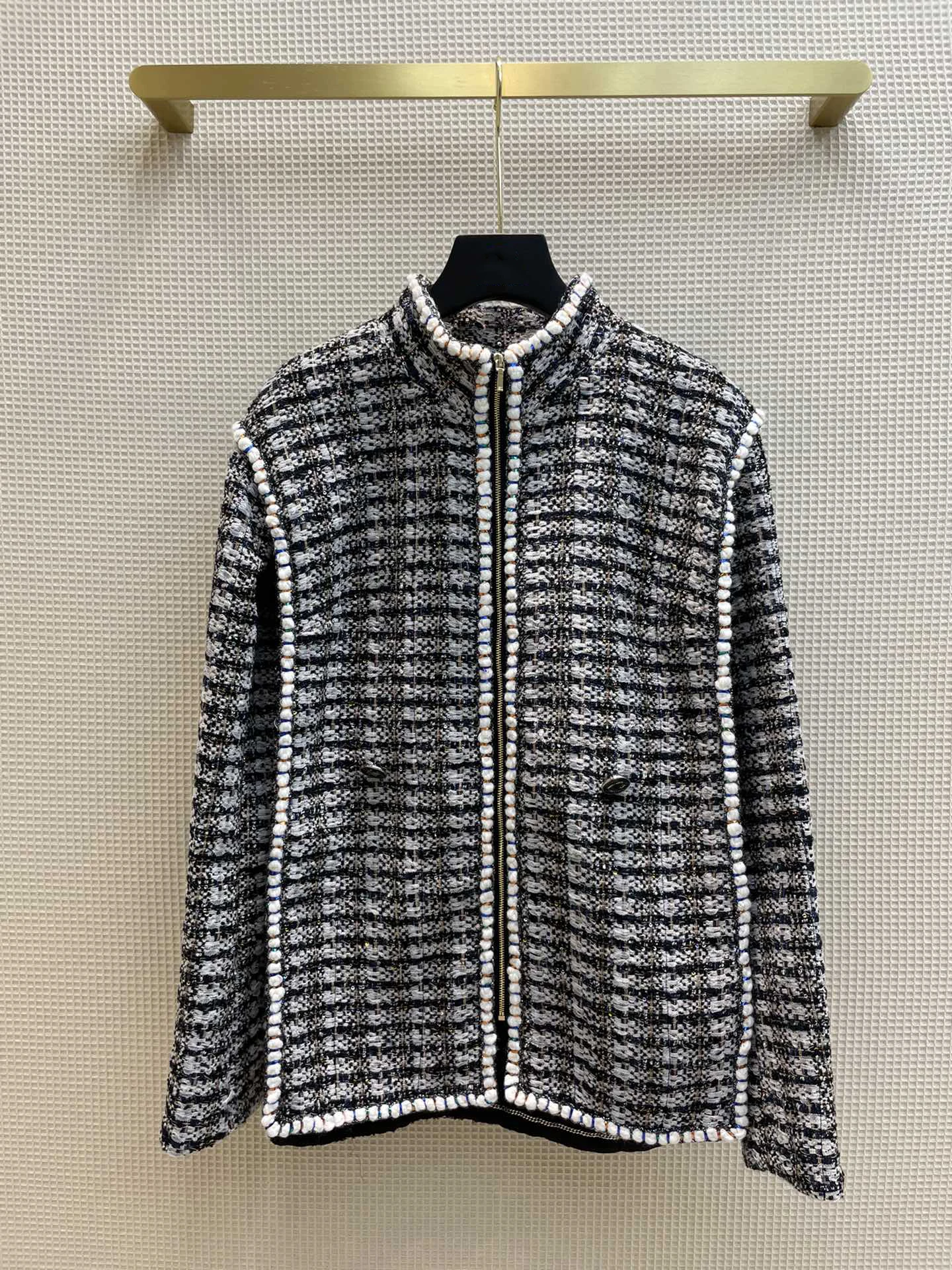 

New Haute Couture Plaid Stand Collar Jackets Wool 100% Silk Lining CHA Chic NEL Coats High Quality Elegant Runway Designer Slim