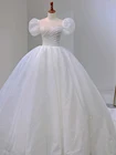 Роскошное белое искусственное свадебное платье с жемчугом 2021, Длинные свадебные платья принцессы с короткими пышными рукавами и бантом на спине