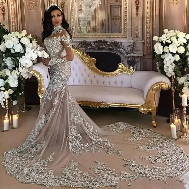

Arabic 2023 Luxury Wedding Dresses Sheer Long Sleeves High Neck Lace Applique Beaded Mermaid Bridal Gowns Chapel Train