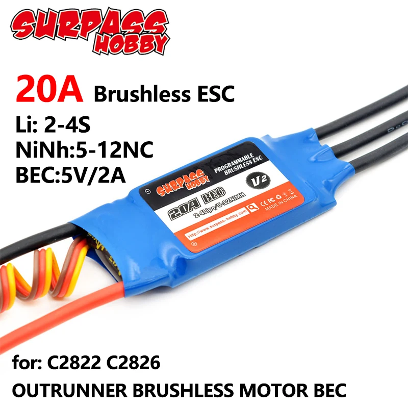 

Контроллер скорости двигателя SURPASS HOBBY ESC 20A BEC 2-4S 5-12NC 2A 5V для квадрокоптеров, самолетов, мультикоптеров и вертолетов RC FPV