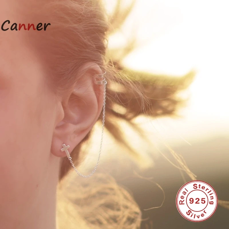 

Canner 2pc/1set 925 Sterling Silver Long Chain Stud Earrings for Women Smooth Cross Tassel Earring New Year Party Gifts Jewelry