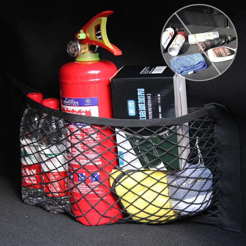 

Car Fire Extinguisher Mesh Pocket Velcro Magic Sticker Auto Trunck Seat Back Block Network Bottle Fixed Organizer Holder Bag