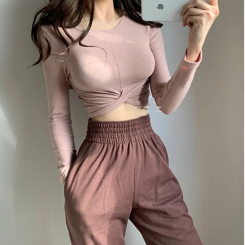 

2021spring New Round Neck Temperament Show Lean Cross Knot Fold Navel Exposed Solid Color Long Sleeve T-shirt Slim Women Tops C8