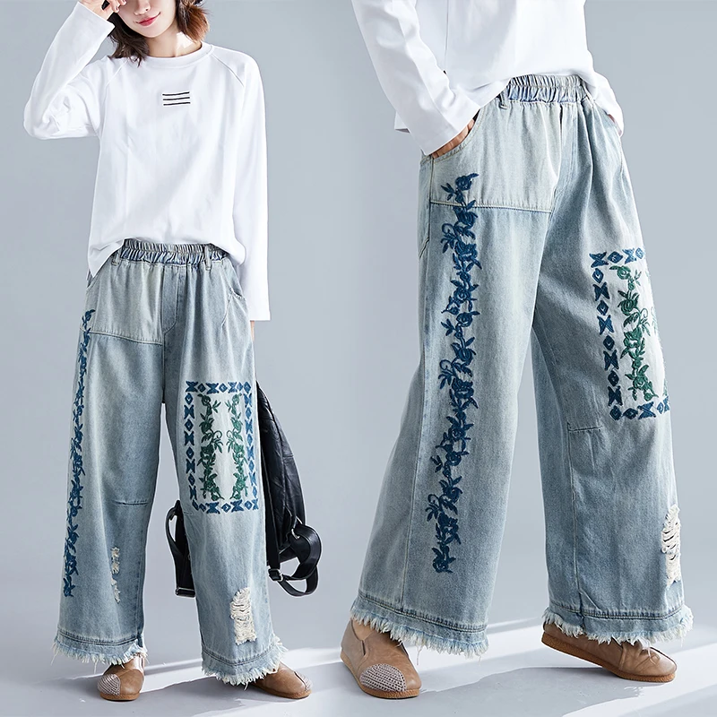 

7042 Women Spring Summer Fashion Korea Style Elastic Waist Printed Frayed Patchwork Ankle Length Denim Lady Casual Loose Jeans