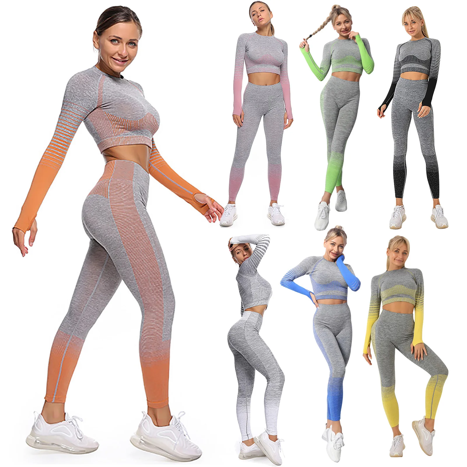 

Striped Seamless Yoga Set Sport 2 pcs Outfits Women Long Sleeve Crop Top and Leggings Workout Gym Fitness Sportwear for Autumn