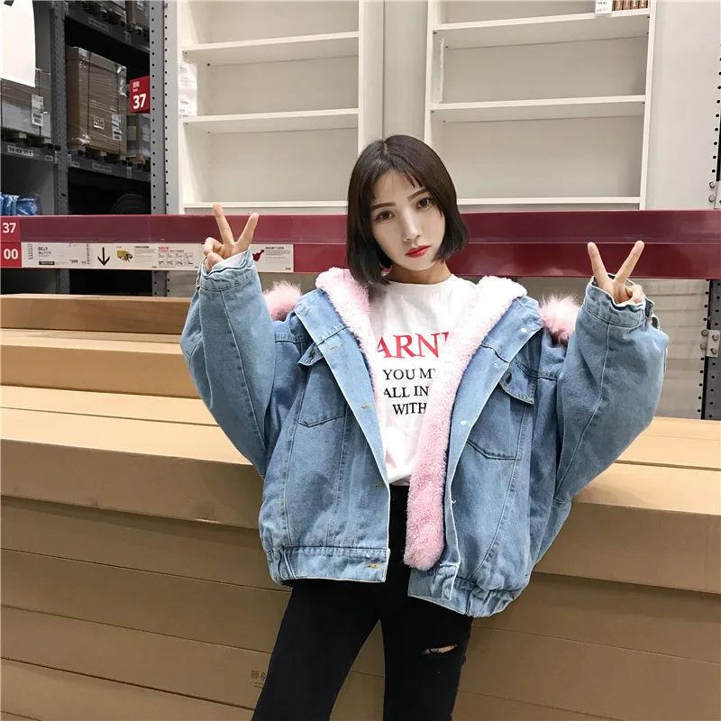 

collar Winter women's clothing Korean denim coat warm version loose thick Plush hair plush cotton padded coat cotton
