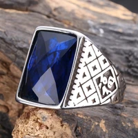 silver color chinese style retro rectangular stainless steel rings for men blue zircon lucky ring male punk jewelry gift jz0015
