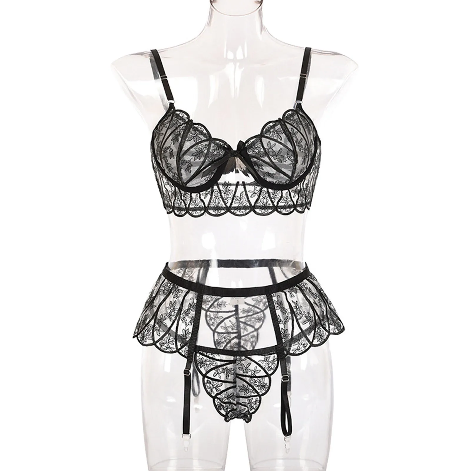 S 3XL 3 шт. Для женщин вышивка кружева бантом бюстгальтер стринги с подвязками