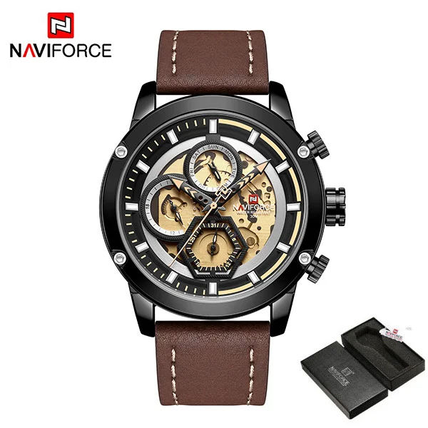 BlackBrownWithBox NAVIFORCE Лидирующий бренд мужские s часы Роскошные бизнес часы хронограф кварцевые мужские армейские наручные часы Мужские часы Relogio Masculino - Цвет: BlackBrownWithBox