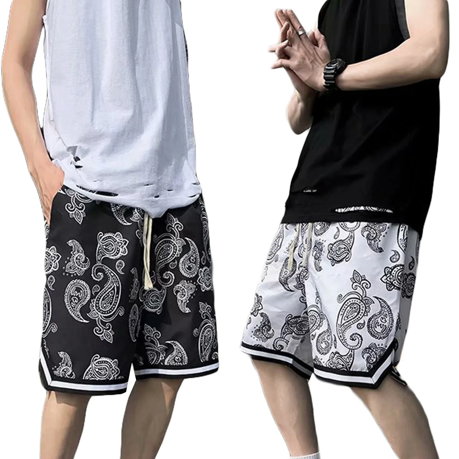 

Мужские спортивные шорты с асимметричным подолом, свободного покроя, с карманами, с цветочным принтом, на шнурке, Короткие штаны для лета, 2021