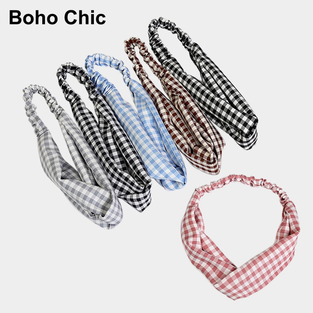 Fashion Plaid Print Knot Headband For Women Chiffon Scrunchies Head Bands Lady Elegant Hair Tie Hair Accessories