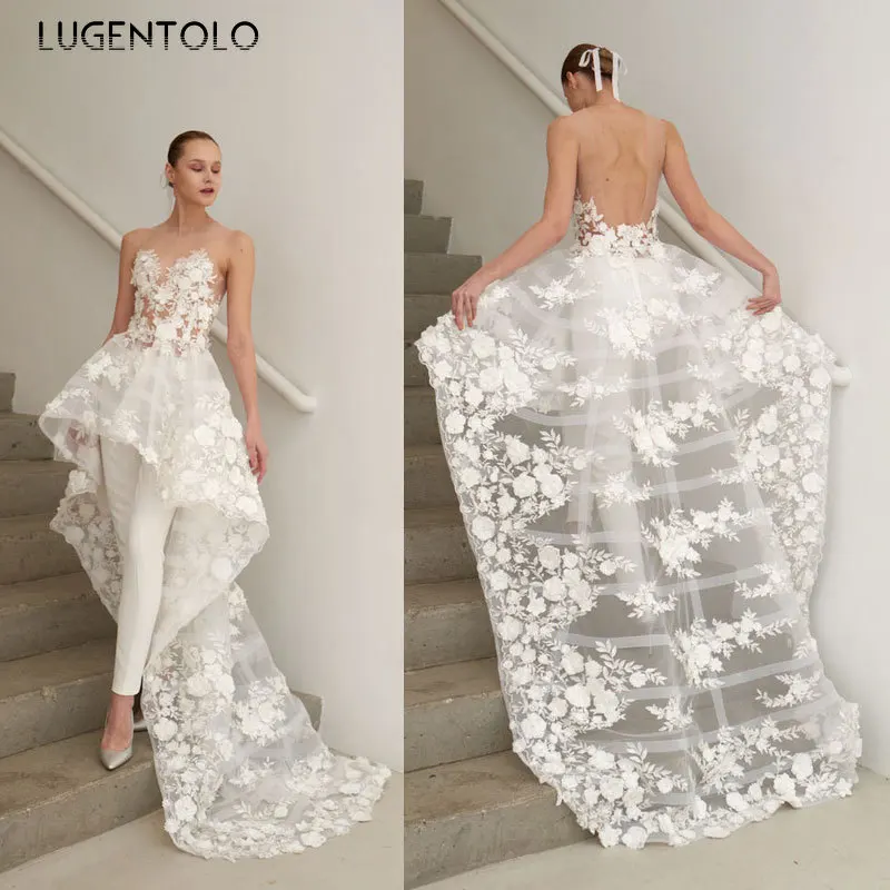 

Lugentolo Jumpsuit Women Party Autumn New Sexy Women's Perspective Lace White Solid Fake Two-piece Jumpsuits