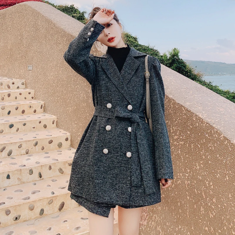 Blazer and Skirt Set Women Double Breasted Viantge Suit Jacket Coat High Waist Mini Skirt Two Piece Suits Lady Elegant Outfits