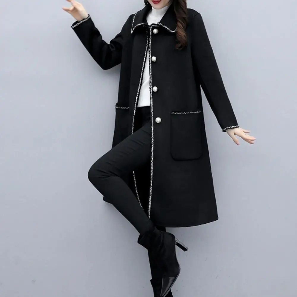 

Casaco Femme Solid Coat Winter Woolen Elegant Office Cappotto Women Donna Cashmere Vintage Manteau Feminino Button Pearl