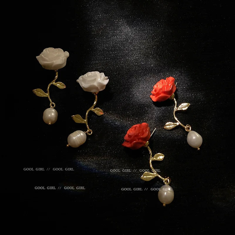 

S925 Silver Needle Rose Flower Earrings for Women New Fashion Spring Pearl Cool Wind Vintage Elegant Advanced Sense Jewelry
