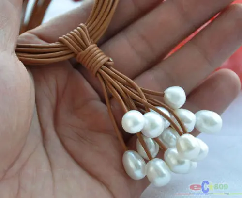 

wholesale 15row 17" 13mm white rice pearl coffee leather grape necklace