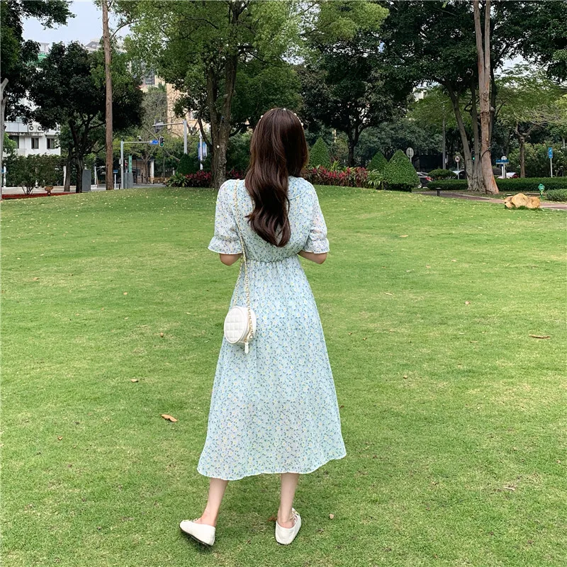 

Houthion Women Dresses Chiffon Midi Dress Bosmia New Korean Casual Fashion Draw Back Printing Dresse A-LINE Mid-Calf V-Neck