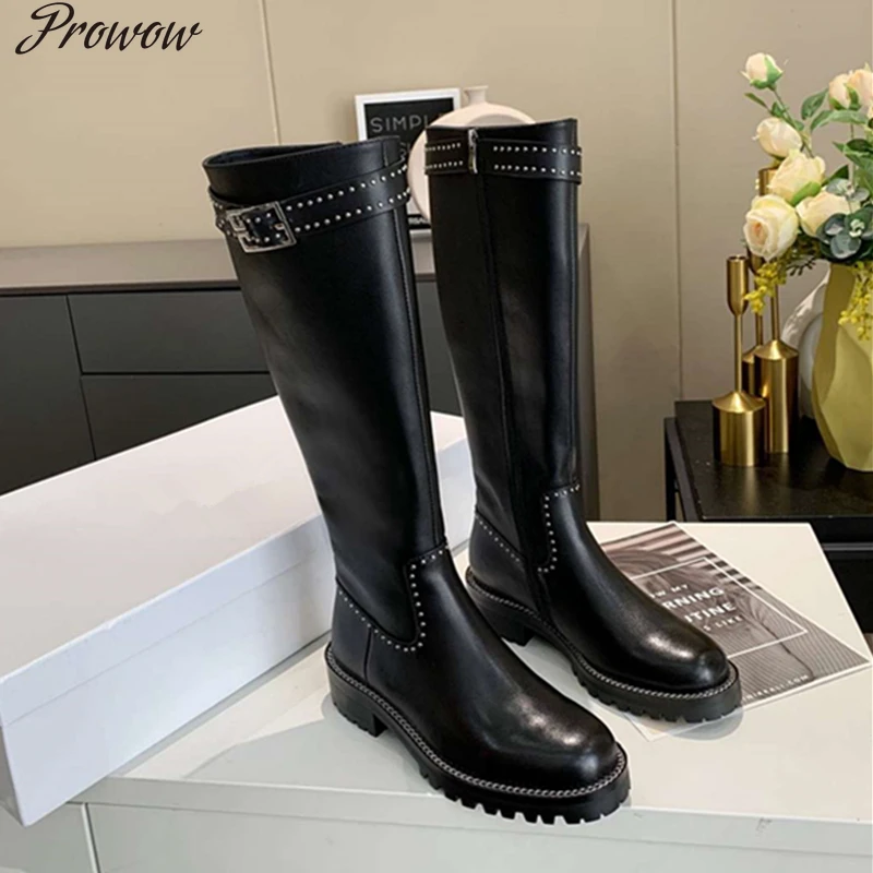 

Женские длинные сапоги до колена Prowow, черные сапоги из натуральной кожи с заклепками, до колена, для осени и зимы, 40