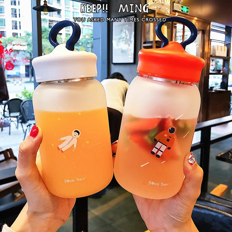 

Creative New Frosted Glass Cup with Stand Portable Summer Cute Drinking Cup Eco Friendly Crystal Glass Water Bottle with Lid