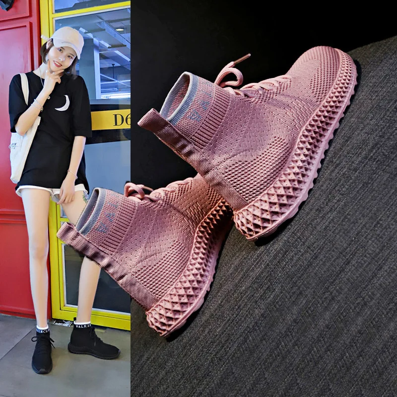 2019 Новая Осенняя обувь с носками Женская дышащая тканая повседневная спортивная
