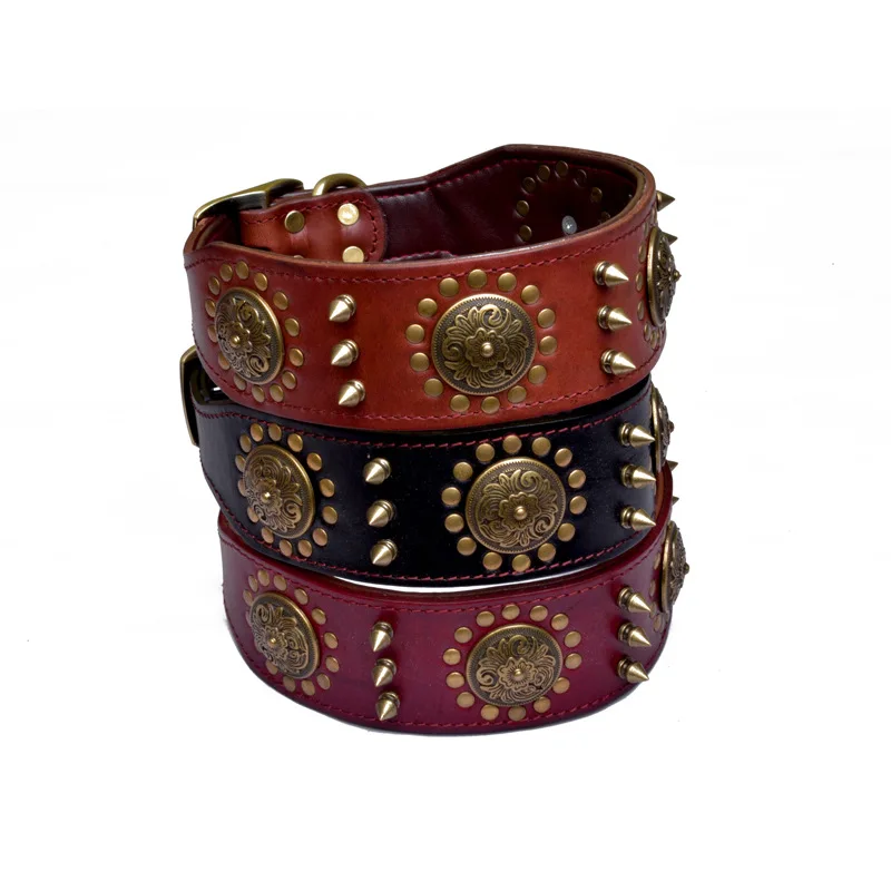 

JOYLOVE Leather Large Dog Collar Pitbull Spiked Studded Collar For Medium Large Big Dog Genuine Leather Durable Pet Collar Brown