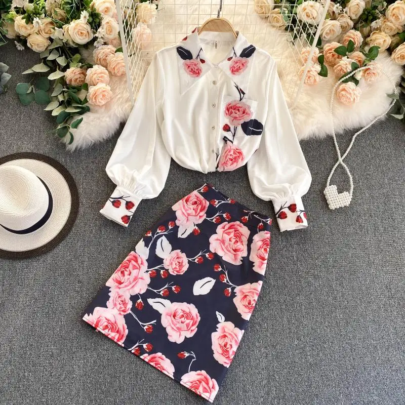 

2021 Spring New French Elegant Printed Skirt Suit Two-Piece Set Lapel Long Sleeve Shirt All-Match High Waist Skirt Outfits