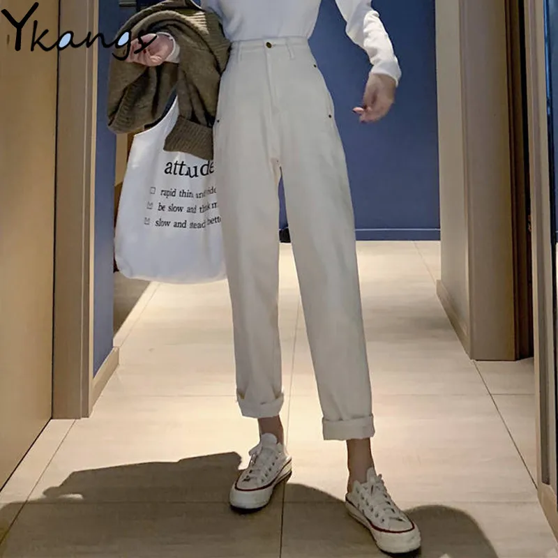 

Джинсы-бойфренды женские, белые, хлопковые, с высокой талией