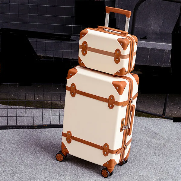 beige set Комплект из 2 предметов, чехол на колесиках, коробка с паролем, чехол для костюма в стиле ретро, универсальное колесо 2", студенческий милый багаж, 20" Модный чемодан - Цвет: beige set